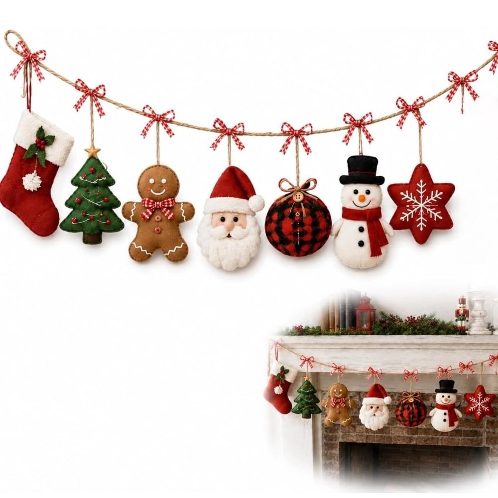 Cozy Christmas Fabric Garland, Christmas Decor, Winter Cedar | Red Green Checkered Rustic, Wreath Banner Tree Swag, Snowflake Star Ornament, Fireplace Mantel Porch and Gift