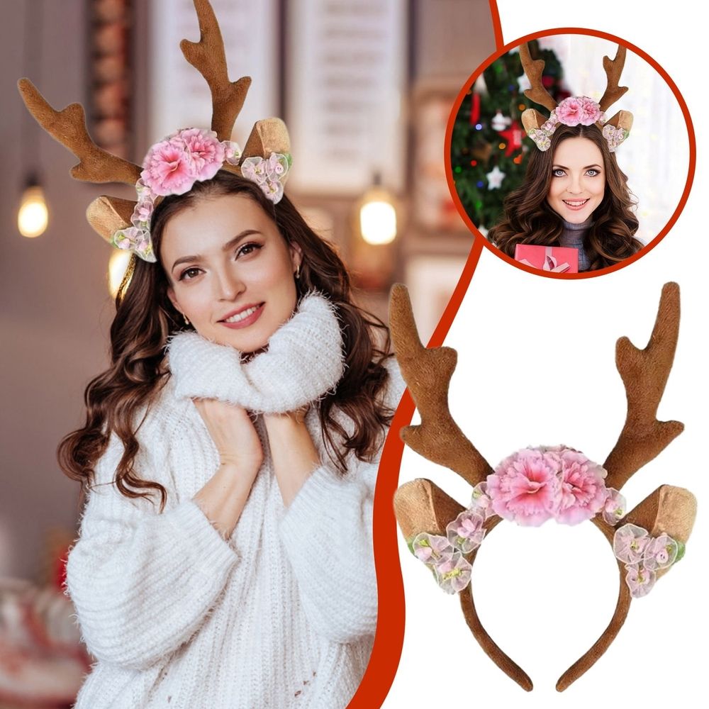 Floral Reindeer Antler Headband Soft Felt Holiday Hair Accessory For Party Outfit Christmas Photo Booth Party Decor