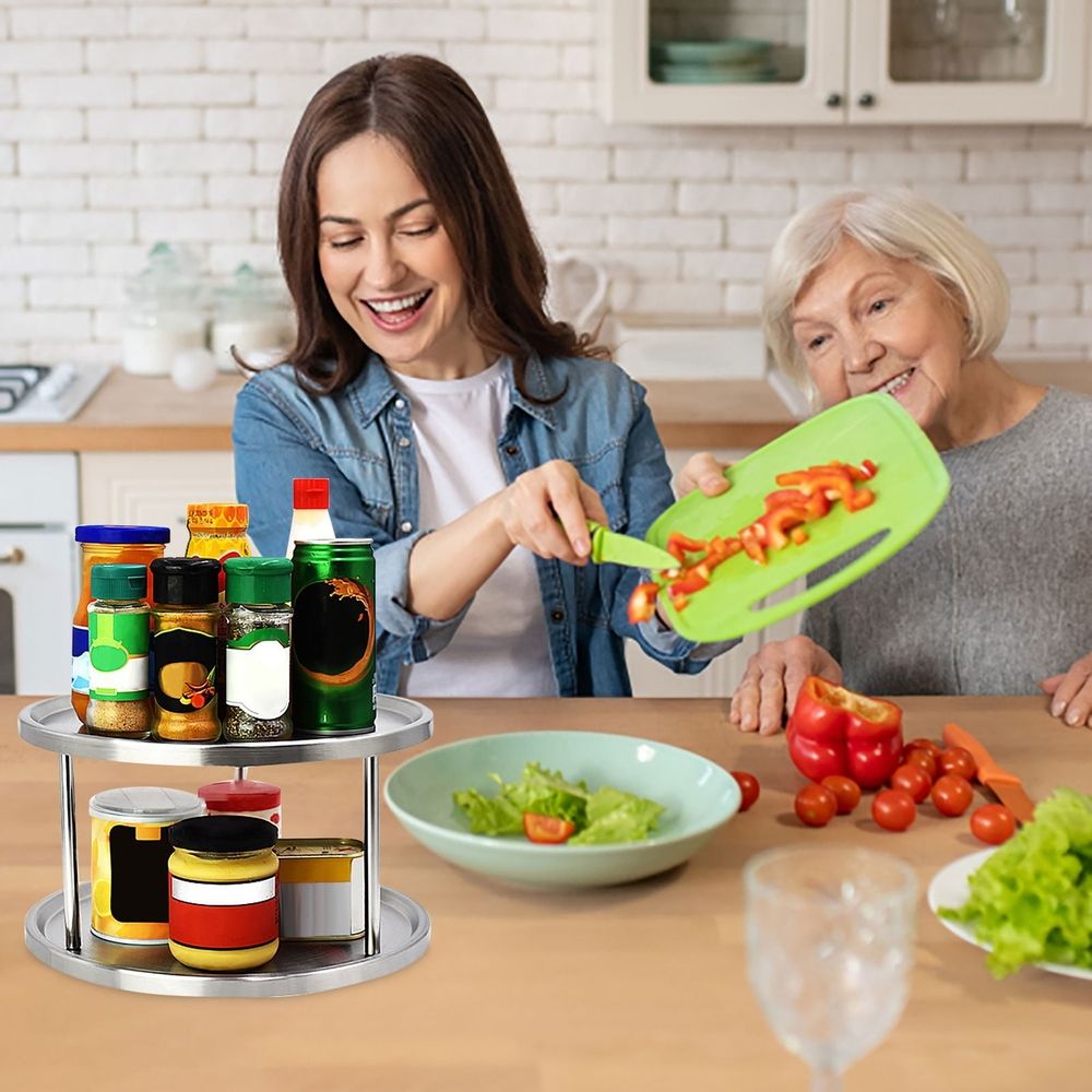 two Tier Stainless Steel Lazy Susan Turntable Rotating Spice Storage Organizer For Kitchen Counter Pantry Cabinet Condiment And Jar Organization