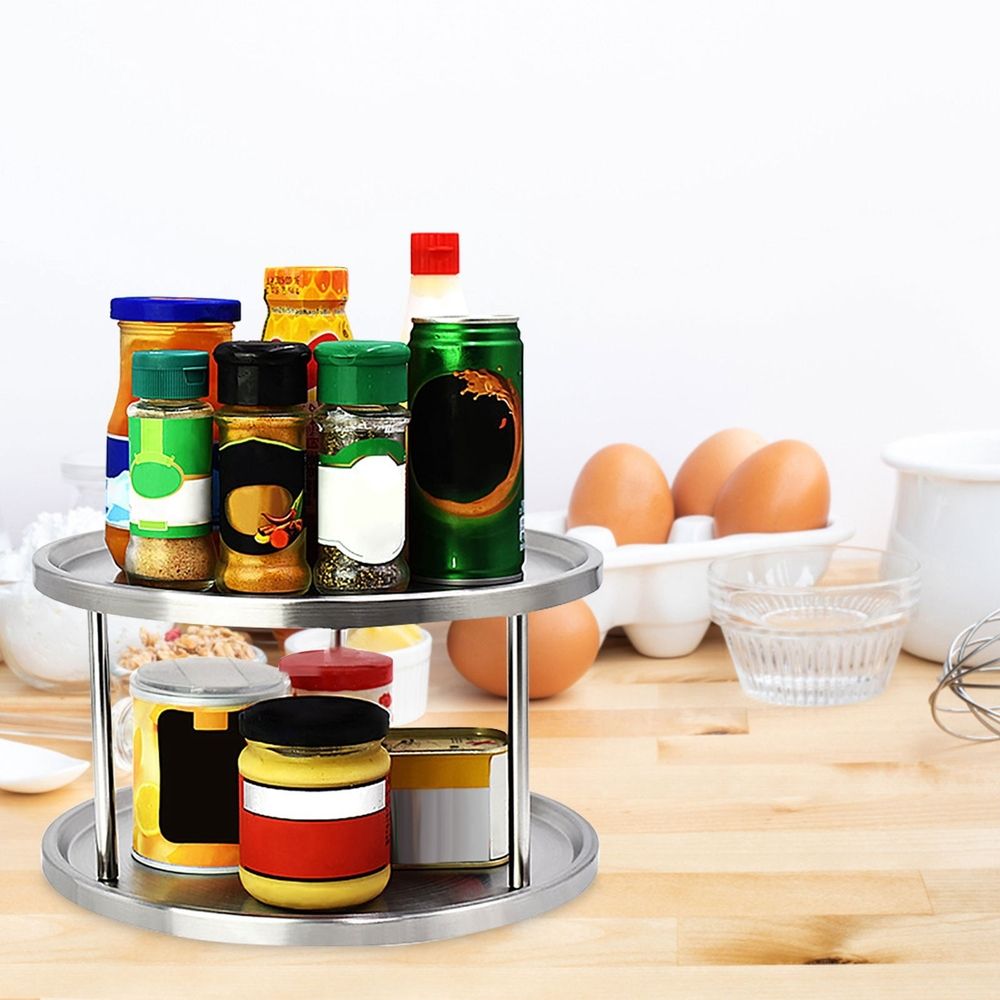 two Tier Stainless Steel Lazy Susan Turntable Rotating Spice Storage Organizer For Kitchen Counter Pantry Cabinet Condiment And Jar Organization