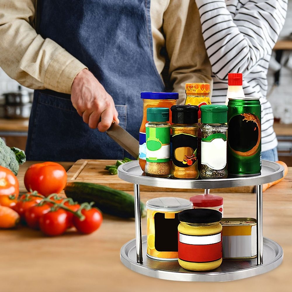 two Tier Stainless Steel Lazy Susan Turntable Rotating Spice Storage Organizer For Kitchen Counter Pantry Cabinet Condiment And Jar Organization