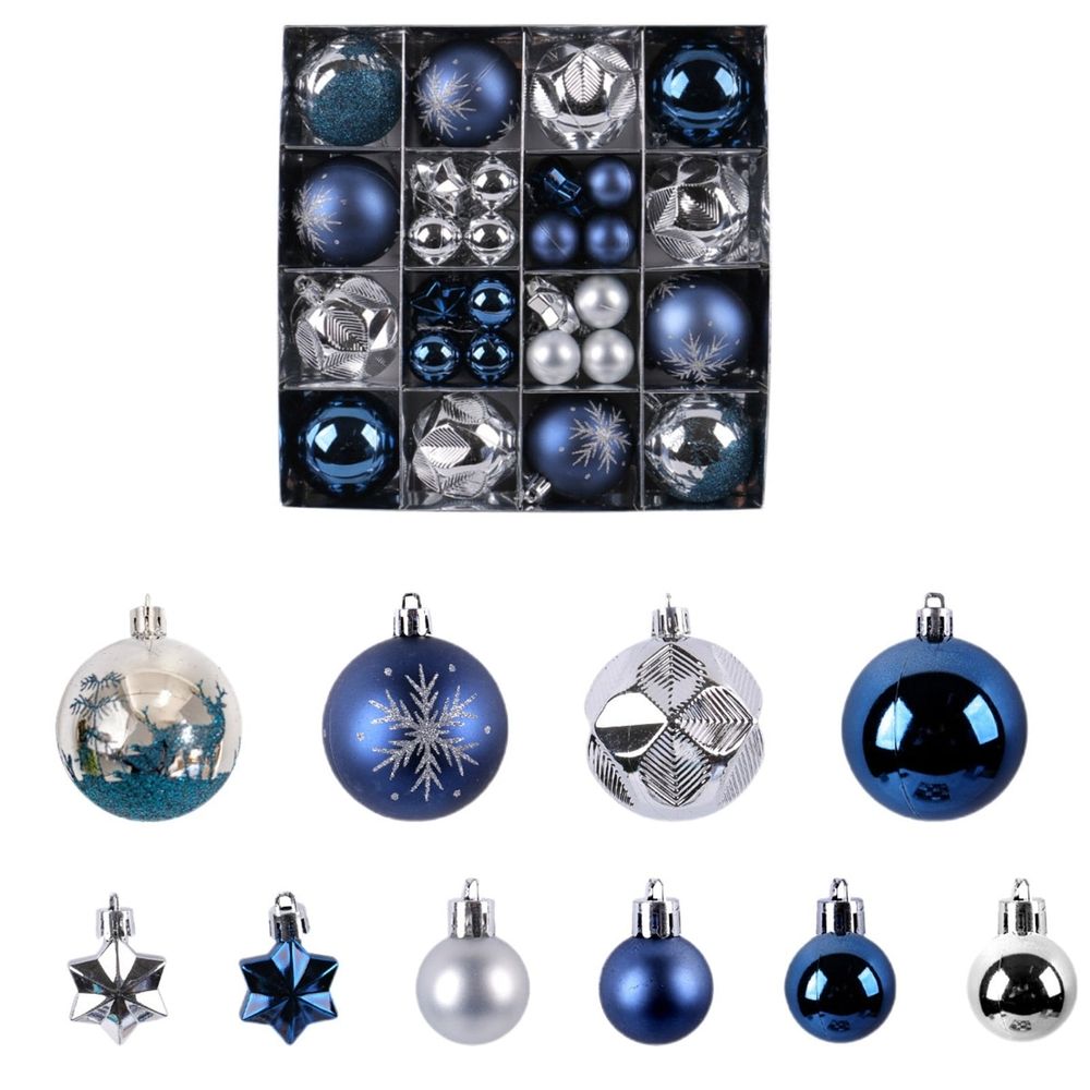 Blue Silver Christmas Ball Ornaments 44 Count, Bulk Glitter Hanging Decor Set For Tree Garland And Holiday Party