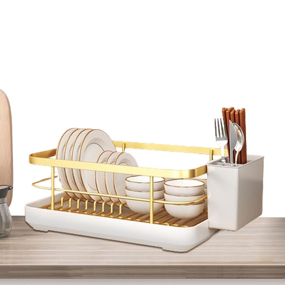 Kitchen Counter Dish Drying Rack, Large Capacity Drain Rack With Cutlery Holder Removable Tray For Dishes Bowls Cups