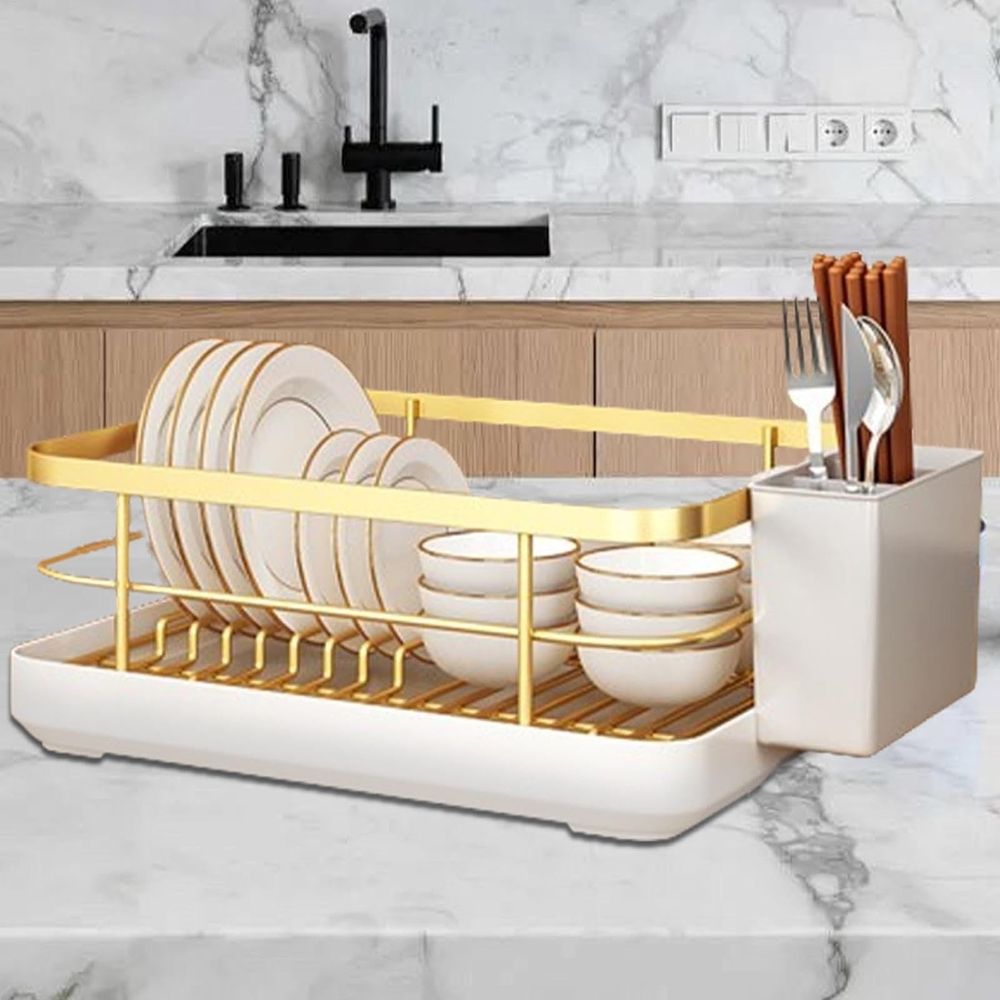 Kitchen Counter Dish Drying Rack, Large Capacity Drain Rack With Cutlery Holder Removable Tray For Dishes Bowls Cups