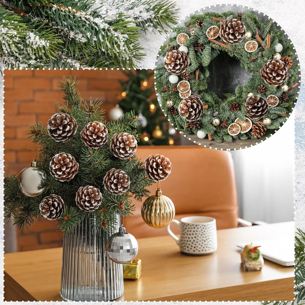 20 Pcs Christmas Natural Pine Cones Picks, 2 inch Snow Pine Cone for Christmas Tree Decorations Home Holiday Party DIY