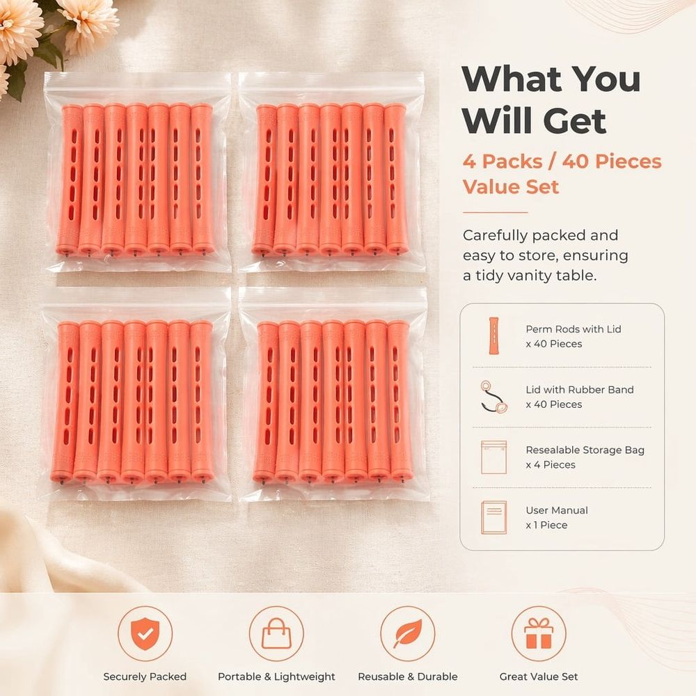 40Pcs Perm Rods for Natural Hair Cold Wave Rods Hair Rollers for Women Hair Roller Curler Perm Rods for Long Medium Short Hair Plastic Cold Wave Rods Hairdressing Styling Tool, Red