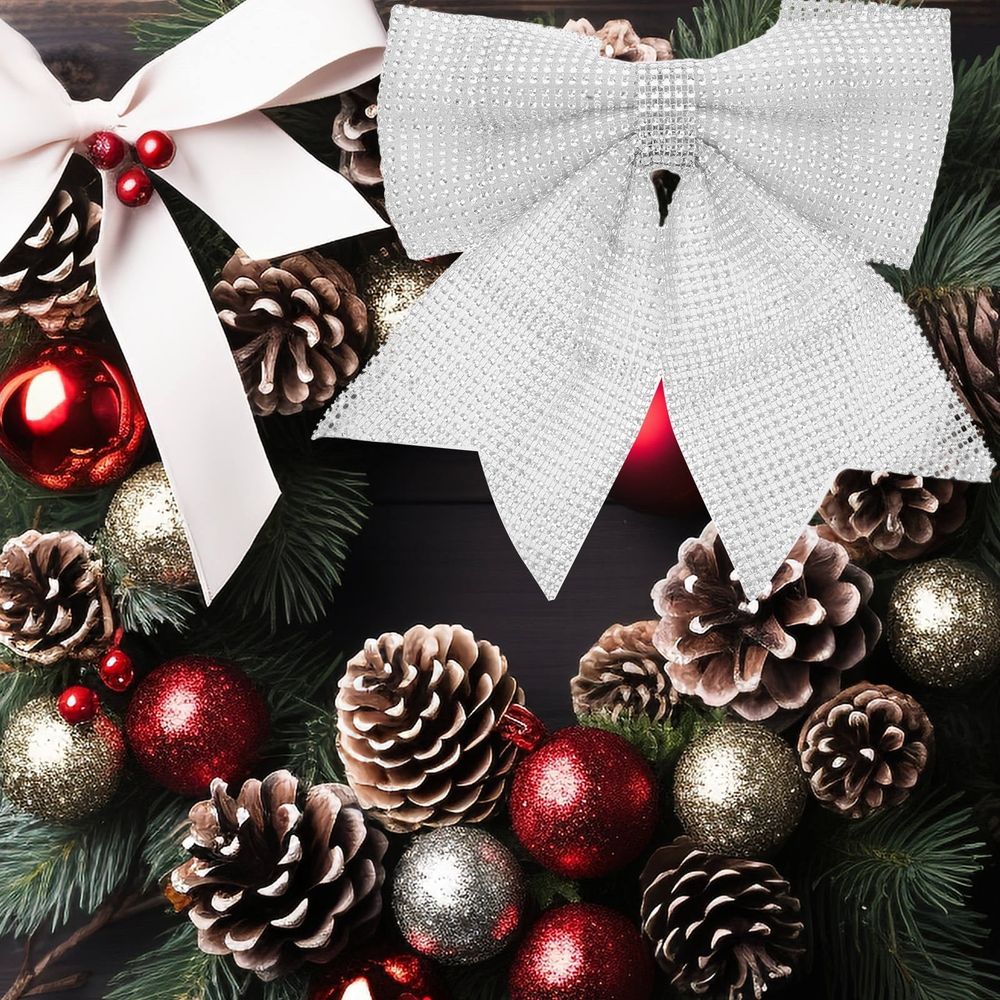 Silver Christmas Bow Tree Topper Ornament with Cloth and Plastic
