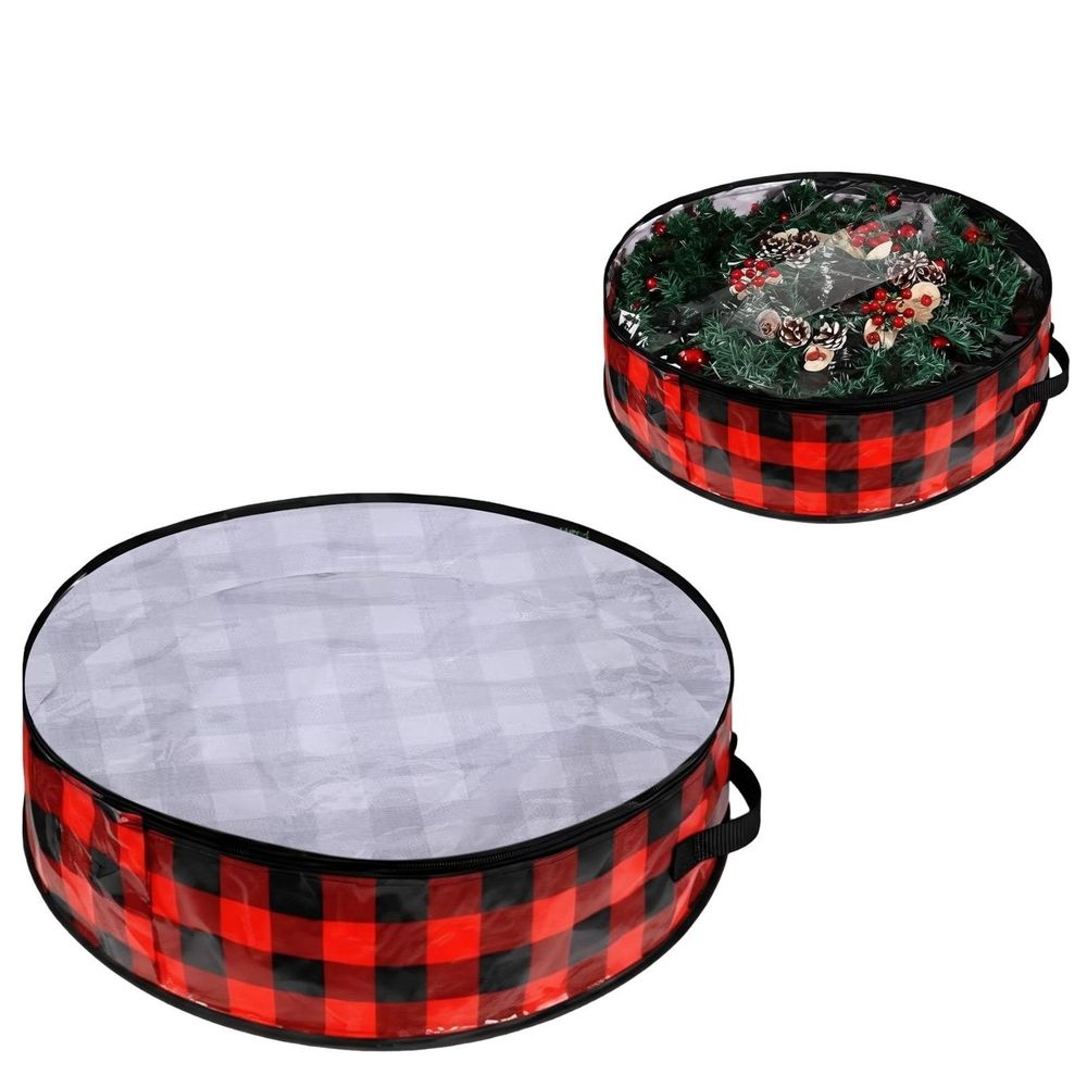 Home textile storage,Christmas Wreath Storage Bags 2 Pack With View Window 24"x24"x8" & 30"x30"x8" PE+PVC Plaid Design For Holiday Decor & Organization