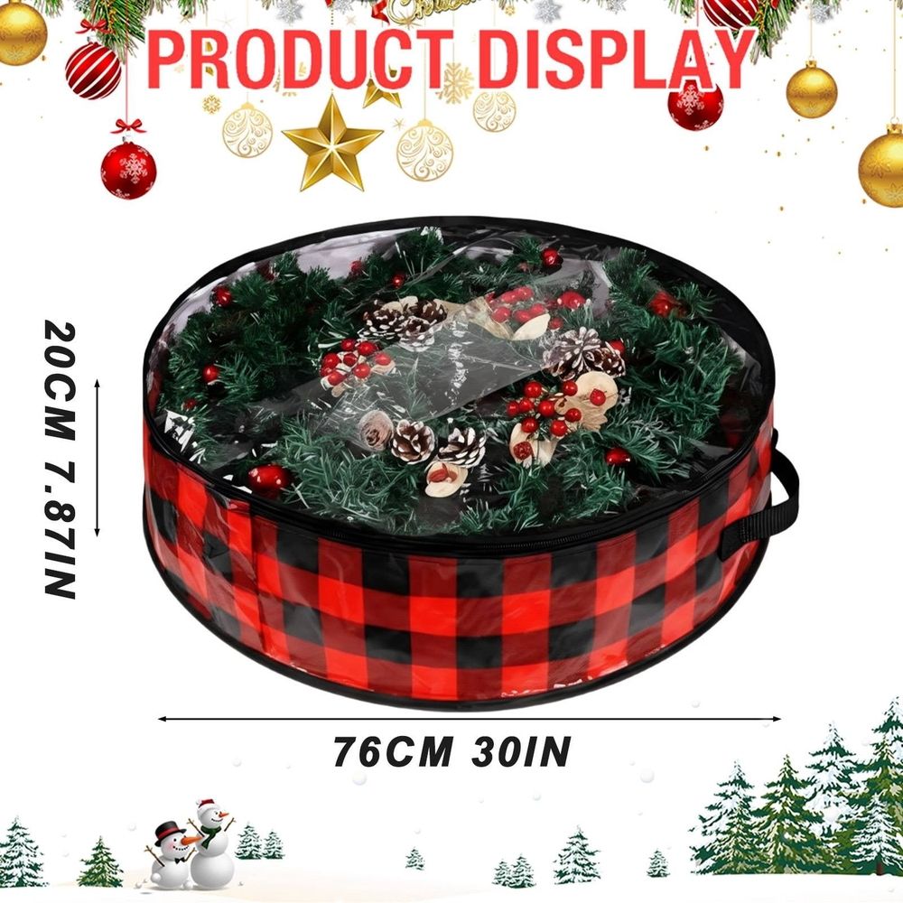 Home textile storage,Christmas Wreath Storage Bags 2 Pack With View Window 24"x24"x8" & 30"x30"x8" PE+PVC Plaid Design For Holiday Decor & Organization
