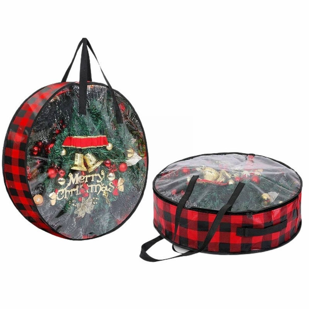 Home textile storage,Christmas Wreath Storage Bags 2 Pack With View Window 24"x24"x8" & 30"x30"x8" PE+PVC Plaid Design For Holiday Decor & Organization
