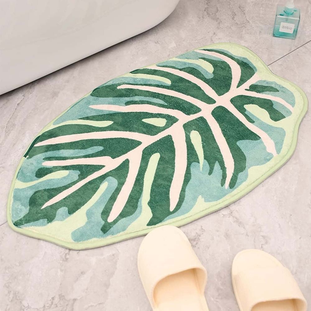 Cute Bathroom Rugs with Green Leaf Plant, Soft, Fluffy, Plush, Absorbent, Quick Dry, Non Slip, Machine Washable for Shower Floor, Bathroom, Bedroom,Kids Room, 14"x22",Monstera