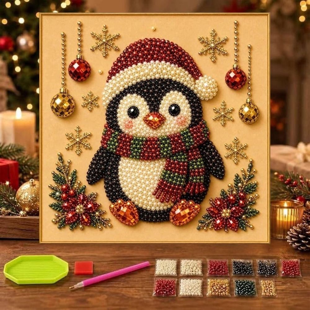 DIY Christmas Pearl Diamond Painting Art Kit with Frame, Low Difficulty 3D Pearl Craft Kit For Leisure Hours, Xmas Hanging Decor, Decorative Piece For Bedroom And Console Tables
