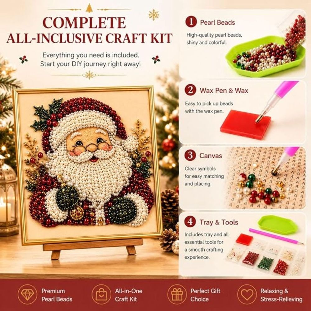 DIY Christmas Pearl Diamond Painting Art Kit with Frame, Low Difficulty 3D Pearl Craft Kit For Leisure Hours, Xmas Hanging Decor, Decorative Piece For Bedroom And Console Tables