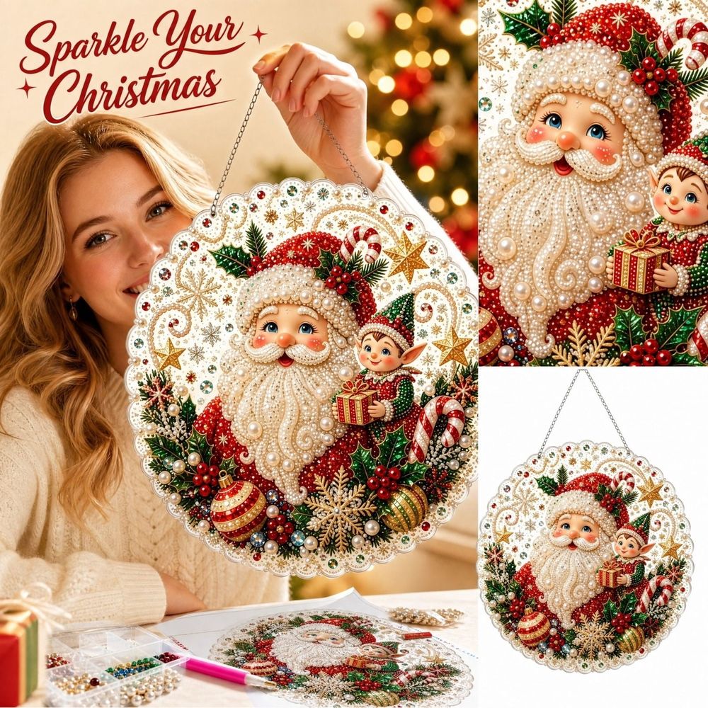 Pearl Santa Christmas Santa Pearl DIY Art Kit Easy Beaded Embroidery Craft Set with Frame for Holiday Party Decor & Handmade Gift