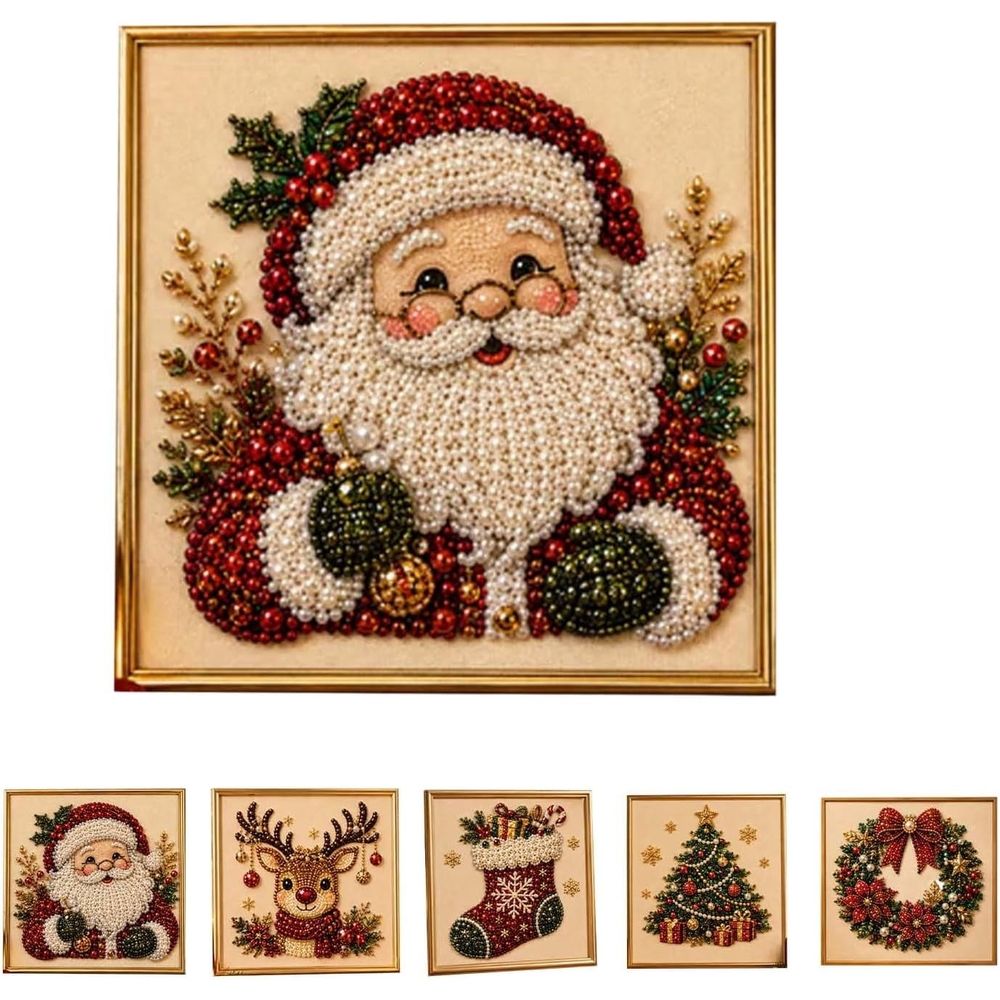DIY Christmas Pearl Diamond Painting Art Kit with Frame, Christmas Pearl Beads Art Craft for Adults & Beginners, Gemstone Diamond Dots Beads Painting for Home Wall Decor,Style-A