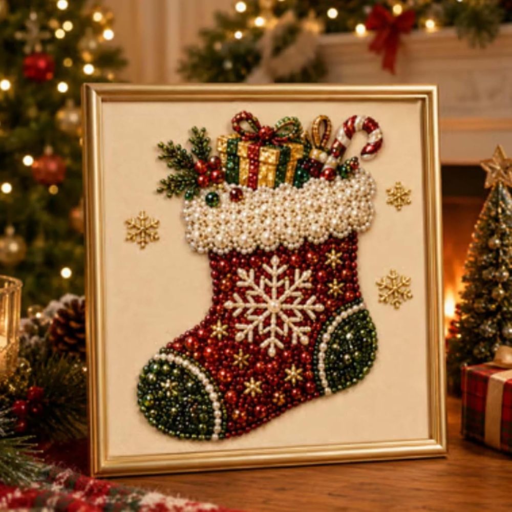 DIY Christmas Pearl Diamond Painting Art Kit with Frame, Christmas Pearl Beads Art Craft for Adults & Beginners, Gemstone Diamond Dots Beads Painting for Home Wall Decor,Style-A