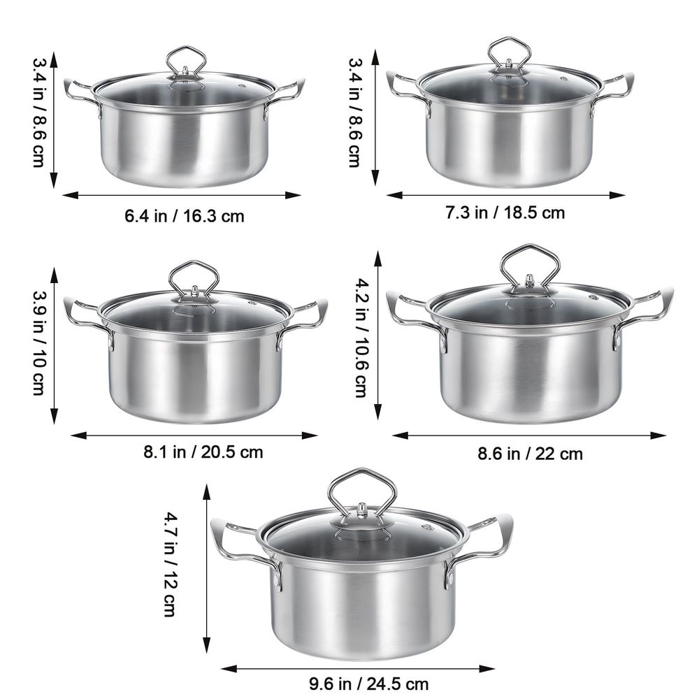 5-Piece Large Stainless Steel Stockpot Set with Glass Lids for Cooking and Kitchen Use
