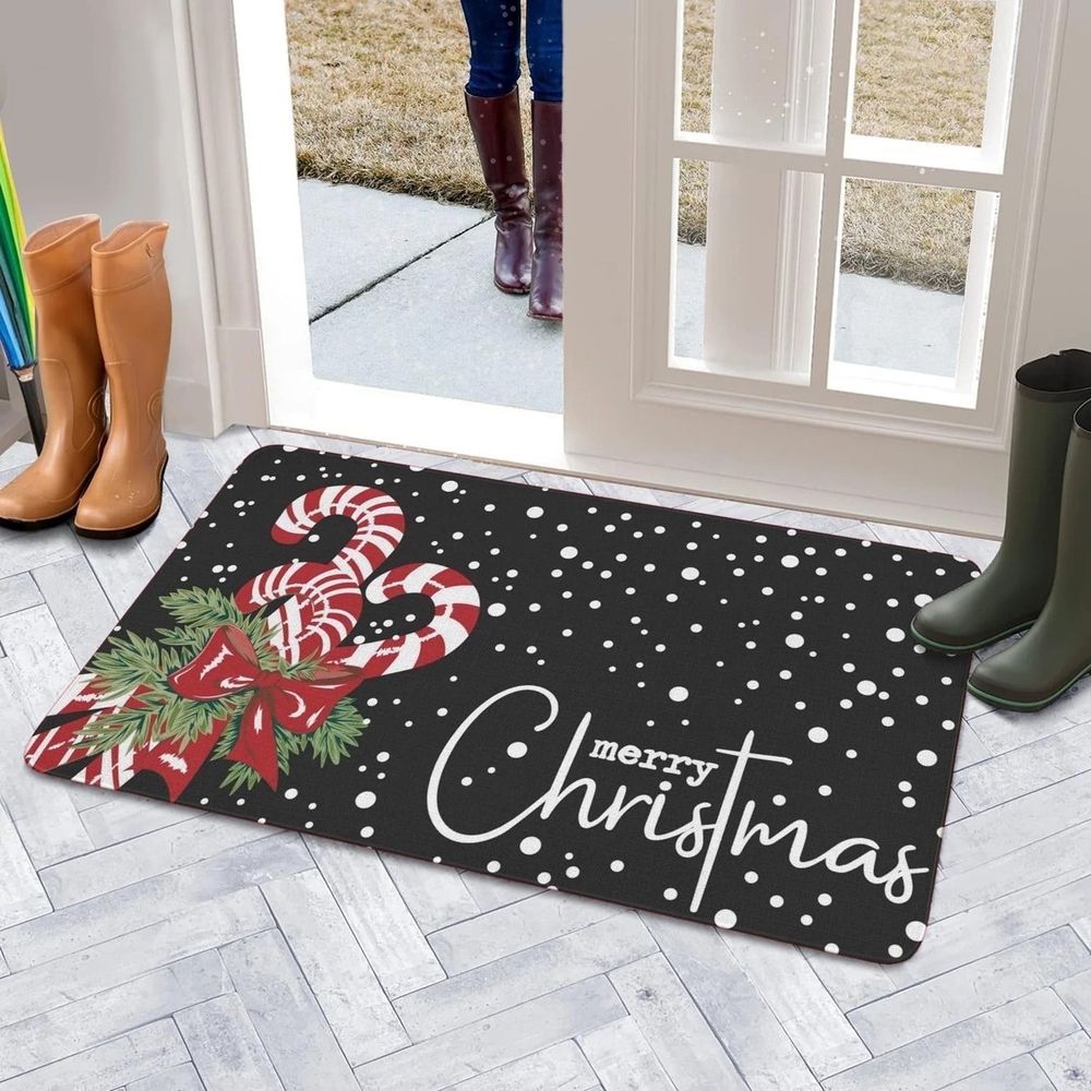 Merry Christmas Door Mat Christmas Candy Cane Doormat Indoor Outdoor Entrance Floor Rug Non Slip Winter Christmas Decor Rubber Welcome Mats