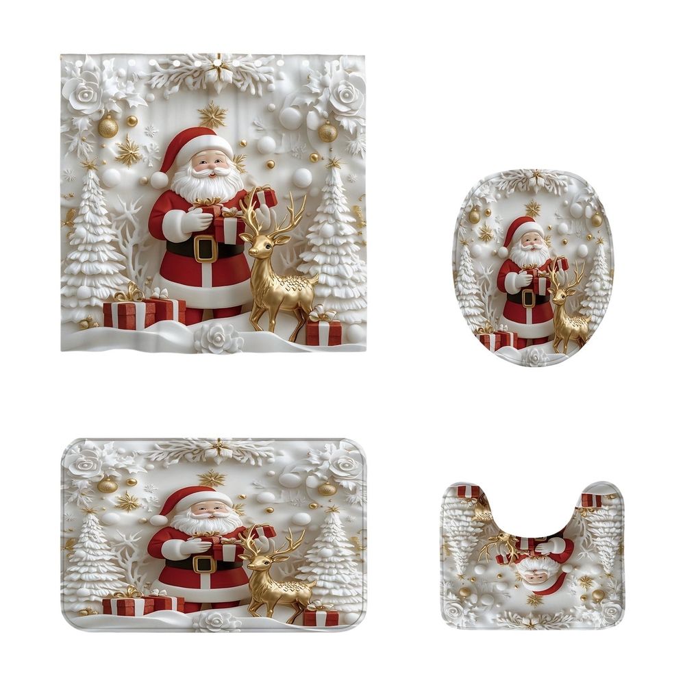 Santa Claus and Reindeer 4 Piece Christmas Bathroom Set – Shower Curtain Toilet Mat 2 Floor Mats Non Slip Waterproof Holiday Decor with Hooks for Festive Bathroom Clearance
