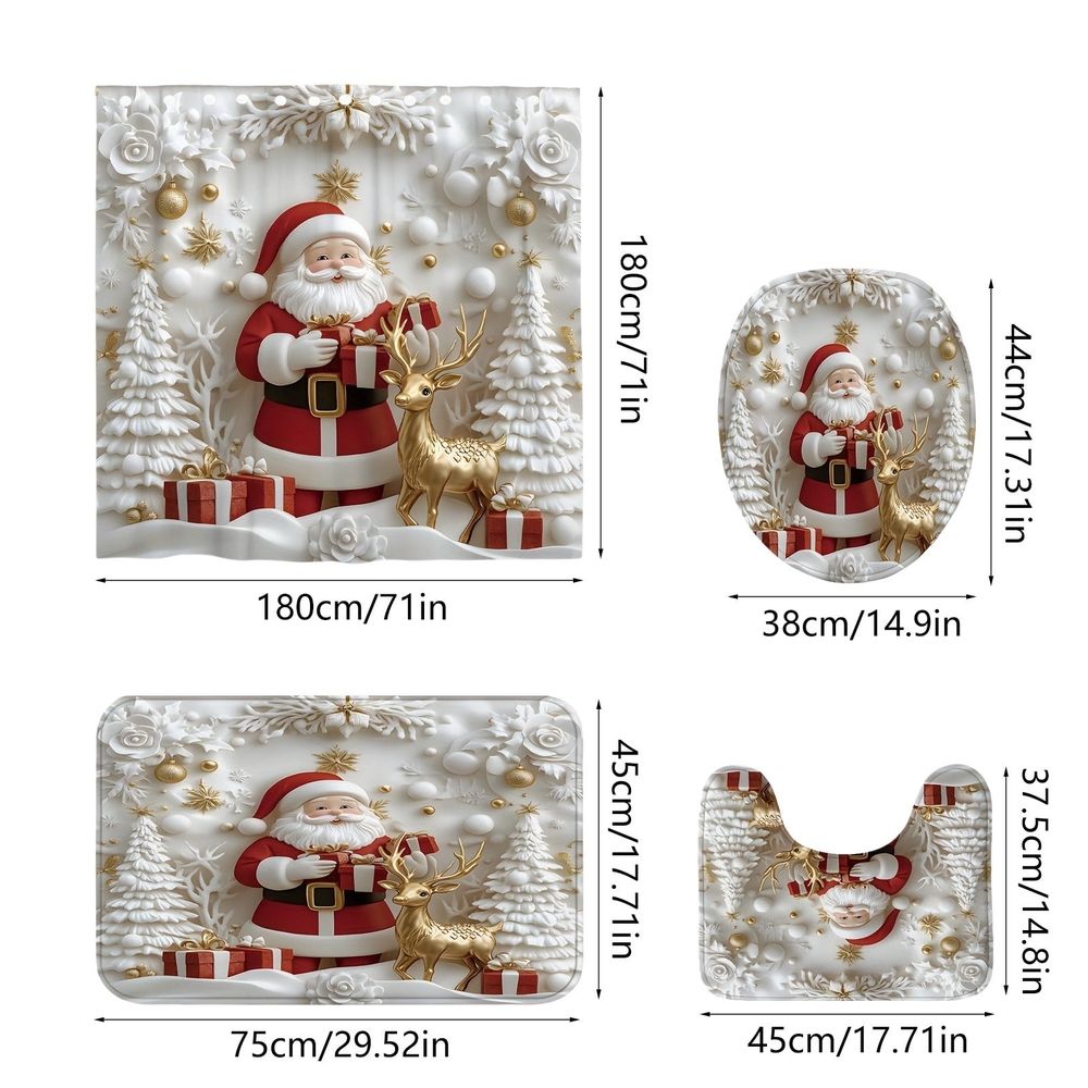 Santa Claus and Reindeer 4 Piece Christmas Bathroom Set – Shower Curtain Toilet Mat 2 Floor Mats Non Slip Waterproof Holiday Decor with Hooks for Festive Bathroom Clearance