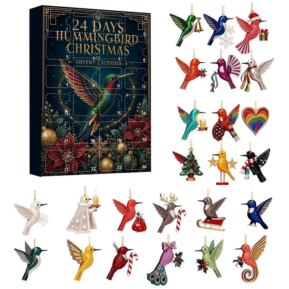 Hummingbird Christmas Advent Calendar, 24 Days Countdown with Colorful Bird Hanging Ornaments, Holiday Tree Decorations for Christmas Home Decor and Gifts