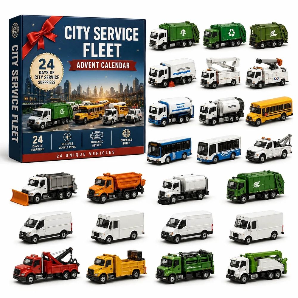 Christmas Advent Calendar - City Service Vehicle Advent Calendar, 24 Days Christmas Countdown with 24 Mini Utility Trucks, Garbage Recycling Bus and Service Vehicle Xmas Party Favors Gifts
