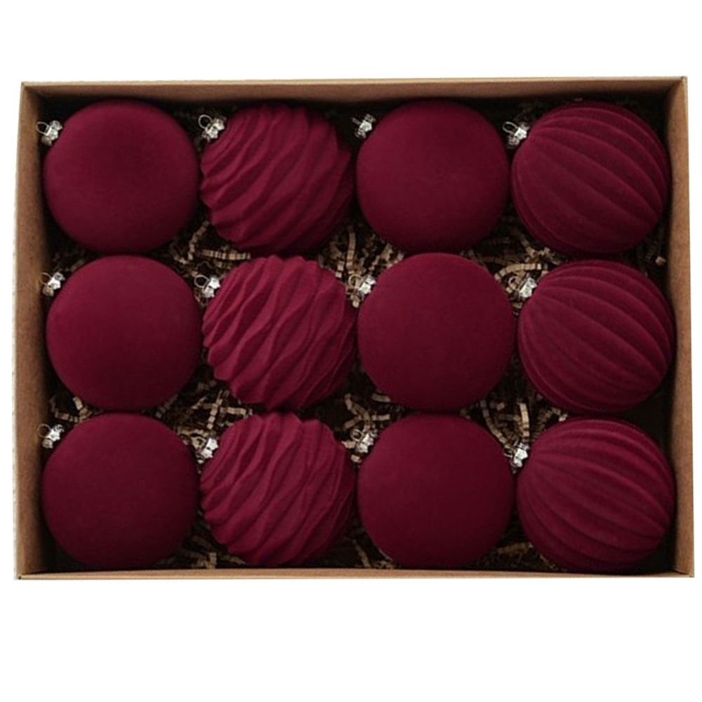 Flocking Red Glitter Ornaments Ball Christmas Ball Dark Christmas Ornaments Sets Velvet Red Christmas Balls Ornaments Christmas Ball Christmas Tree Decoration 12pcs