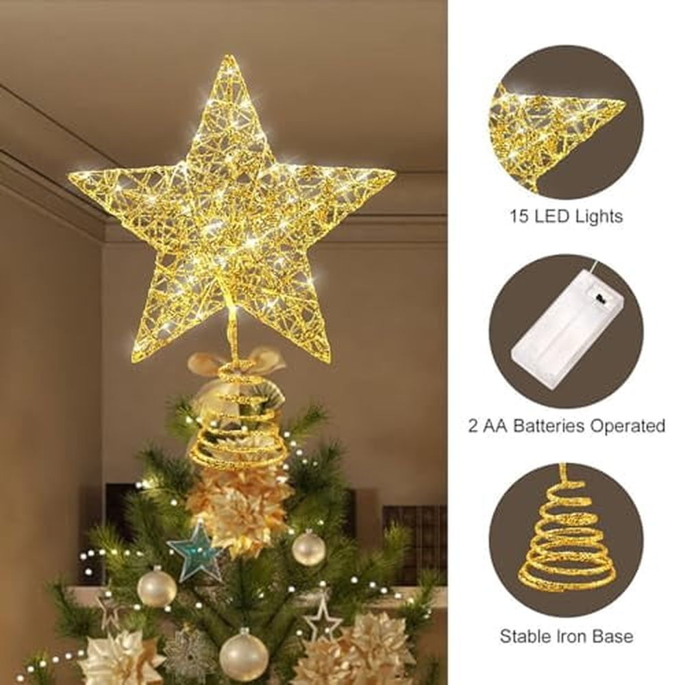 Lighted Christmas Tree Star Topper Glittered Gold Hollow Star Treetop for Home Christmas Tree Decoration (Silver)