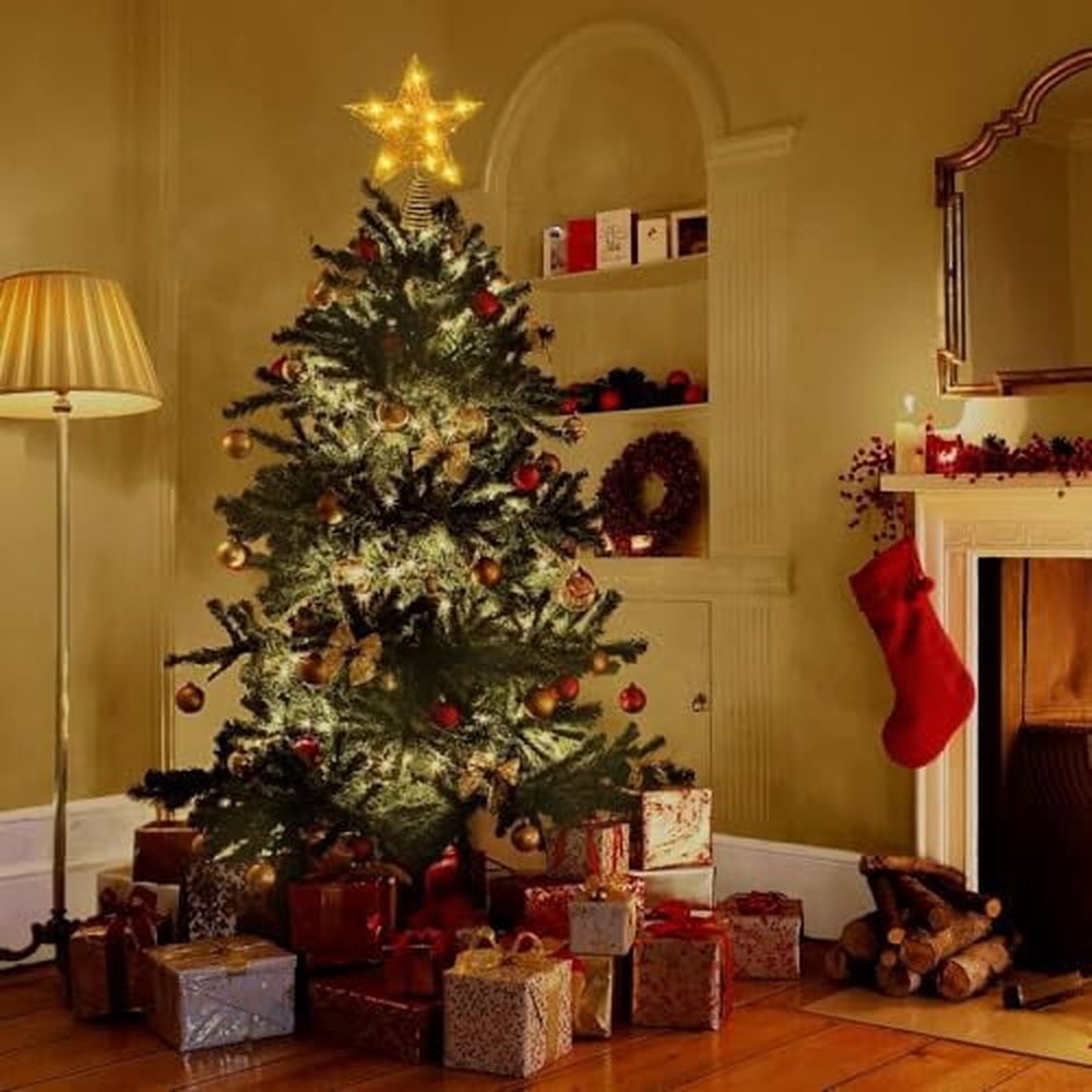 Christmas Tree Topper Star LED ligthts Tree Toppers Christmas Decorations,Gold Glittered Metal Christmas Tree Decorations for Home Party Holiday Winter Xmas Tree Bar Shop Office Decoration