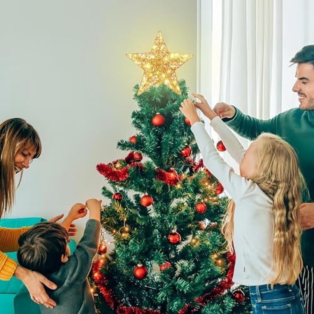 Christmas Tree Topper Star LED ligthts Tree Toppers Christmas Decorations,Gold Glittered Metal Christmas Tree Decorations for Home Party Holiday Winter Xmas Tree Bar Shop Office Decoration