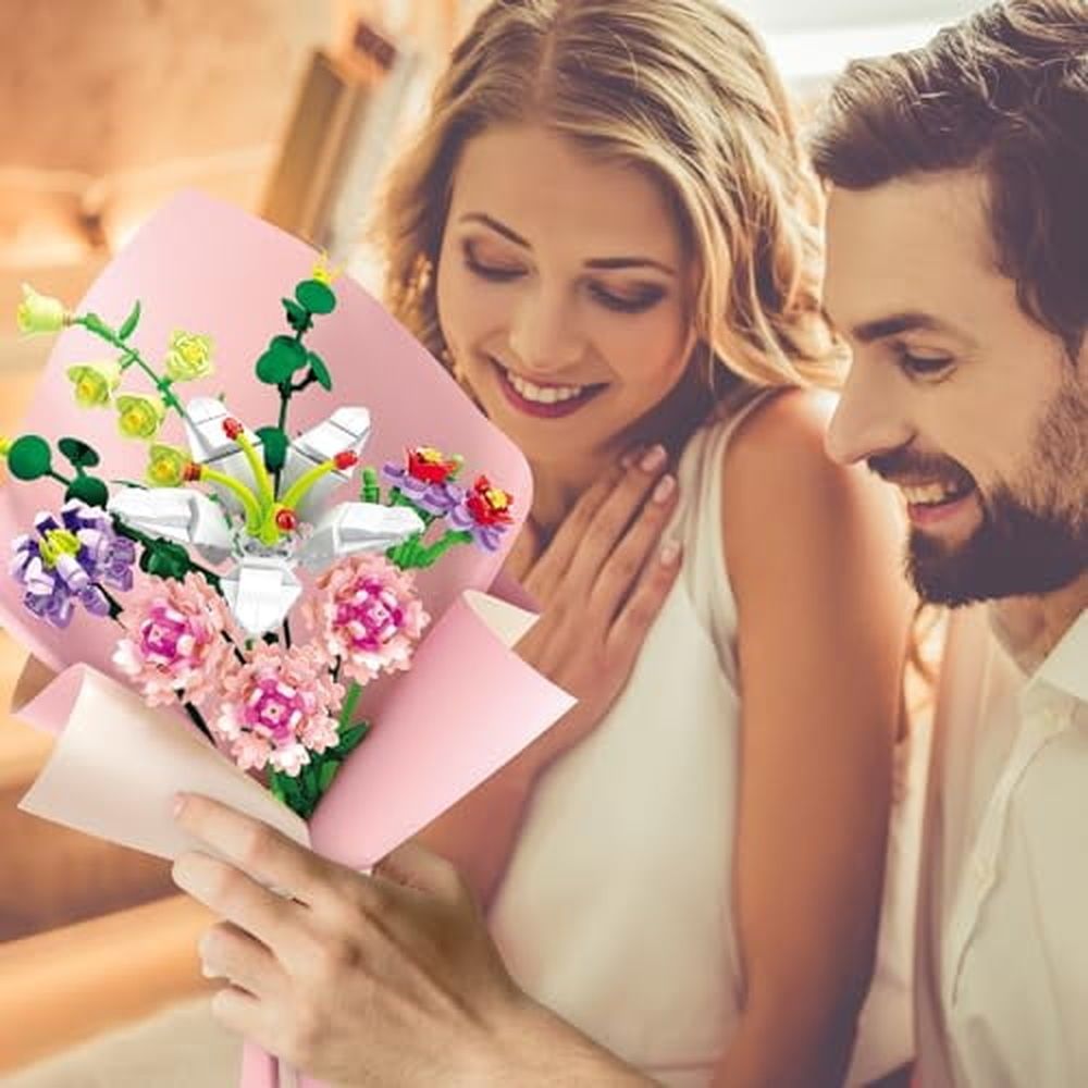 Flower Bouquet Building Blocks Artificial Pink Carnation Botanical Collection Bricks Sets Kits Christmas X'Mas Birthday Anniversary Valentine Gifts for Adults Women Mom Girlfriends(514PCS)