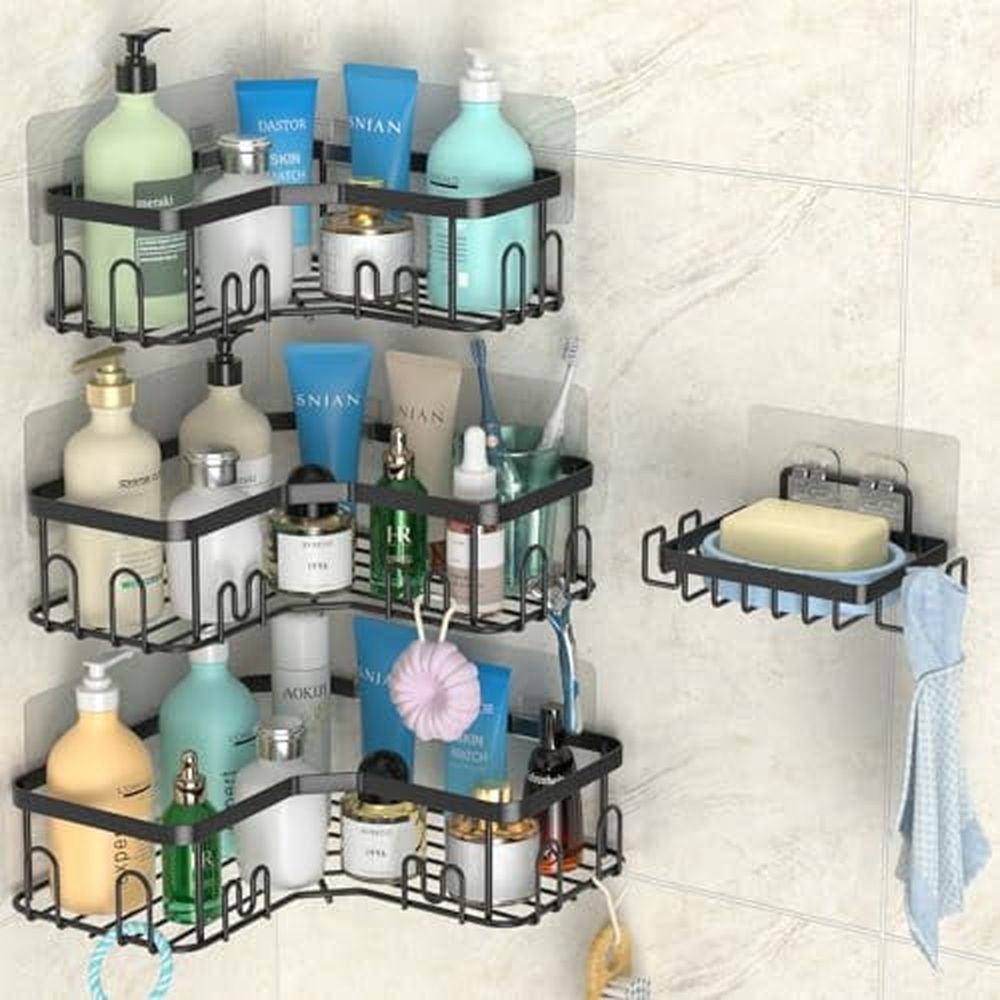 4 Pack Corner Shower Caddy,Stainless Steel Shower Shelf with Hooks,No Drilling Adhesive Corner Shower Shelves,Bathroom Shower Organizer Wall Mounted,Black