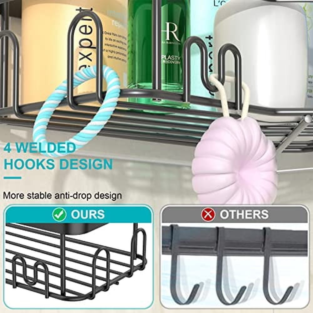 4 Pack Corner Shower Caddy,Stainless Steel Shower Shelf with Hooks,No Drilling Adhesive Corner Shower Shelves,Bathroom Shower Organizer Wall Mounted,Black