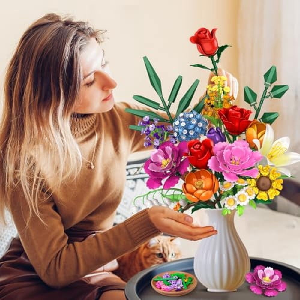 Flower Bouquet Building Set,1043 PCS Bouquet Botanicals Collection Gift for Valentine's Day for Her and Him,15 Artificial Flowers Building Blocks Home Plant Decor for Adults Women Birthday