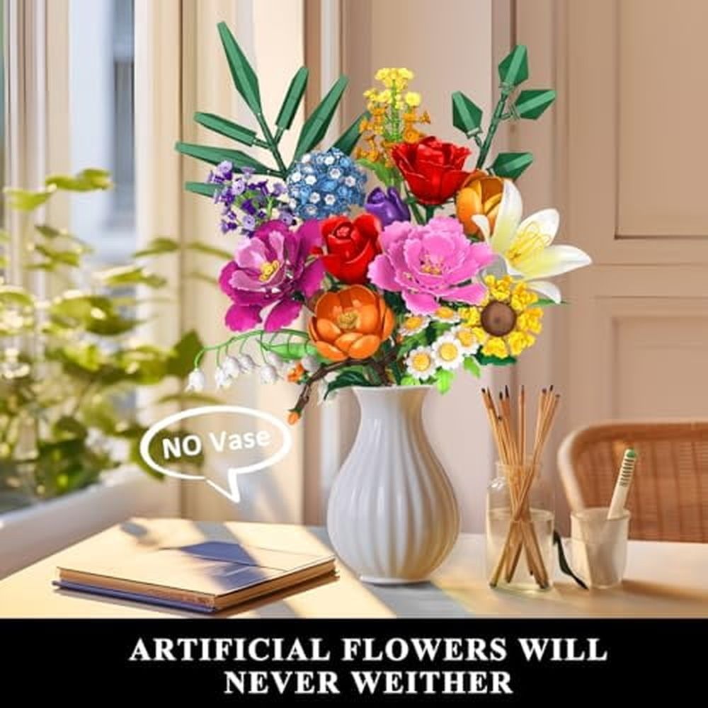 Flower Bouquet Building Set,1043 PCS Bouquet Botanicals Collection Gift for Valentine's Day for Her and Him,15 Artificial Flowers Building Blocks Home Plant Decor for Adults Women Birthday