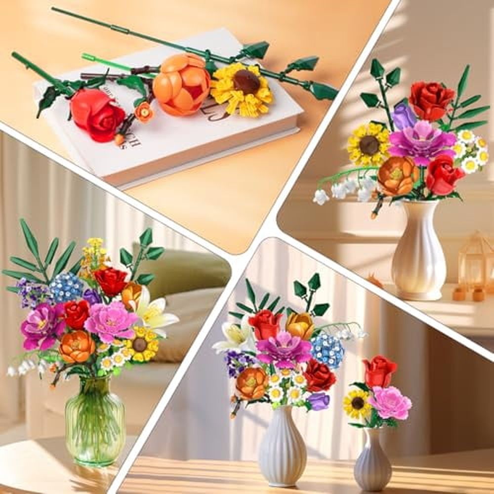 Flower Bouquet Building Set,1043 PCS Bouquet Botanicals Collection Gift for Valentine's Day for Her and Him,15 Artificial Flowers Building Blocks Home Plant Decor for Adults Women Birthday