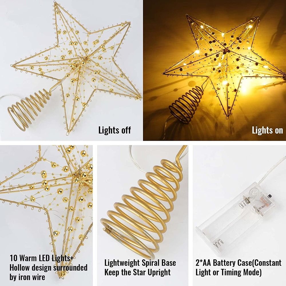 Christmas Tree Topper,10 LEDS 9.84 Inch Christmas Star Tree Topper with Lights Beads,Battery Operated Tree Toppers for Christmas Xmas Tree Holiday Party Decor,Gold Star Warm White