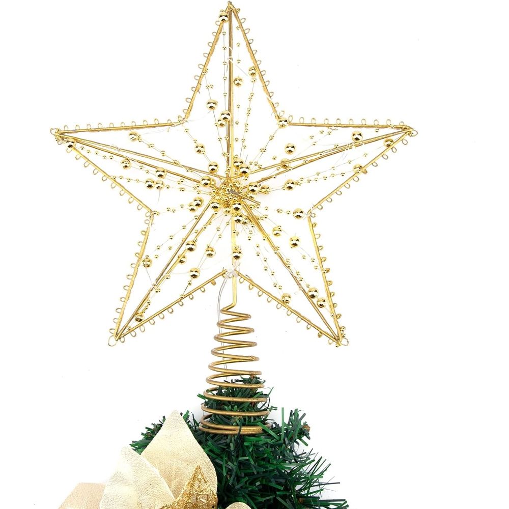 Christmas Tree Topper,10 LEDS 9.84 Inch Christmas Star Tree Topper with Lights Beads,Battery Operated Tree Toppers for Christmas Xmas Tree Holiday Party Decor,Gold Star Warm White