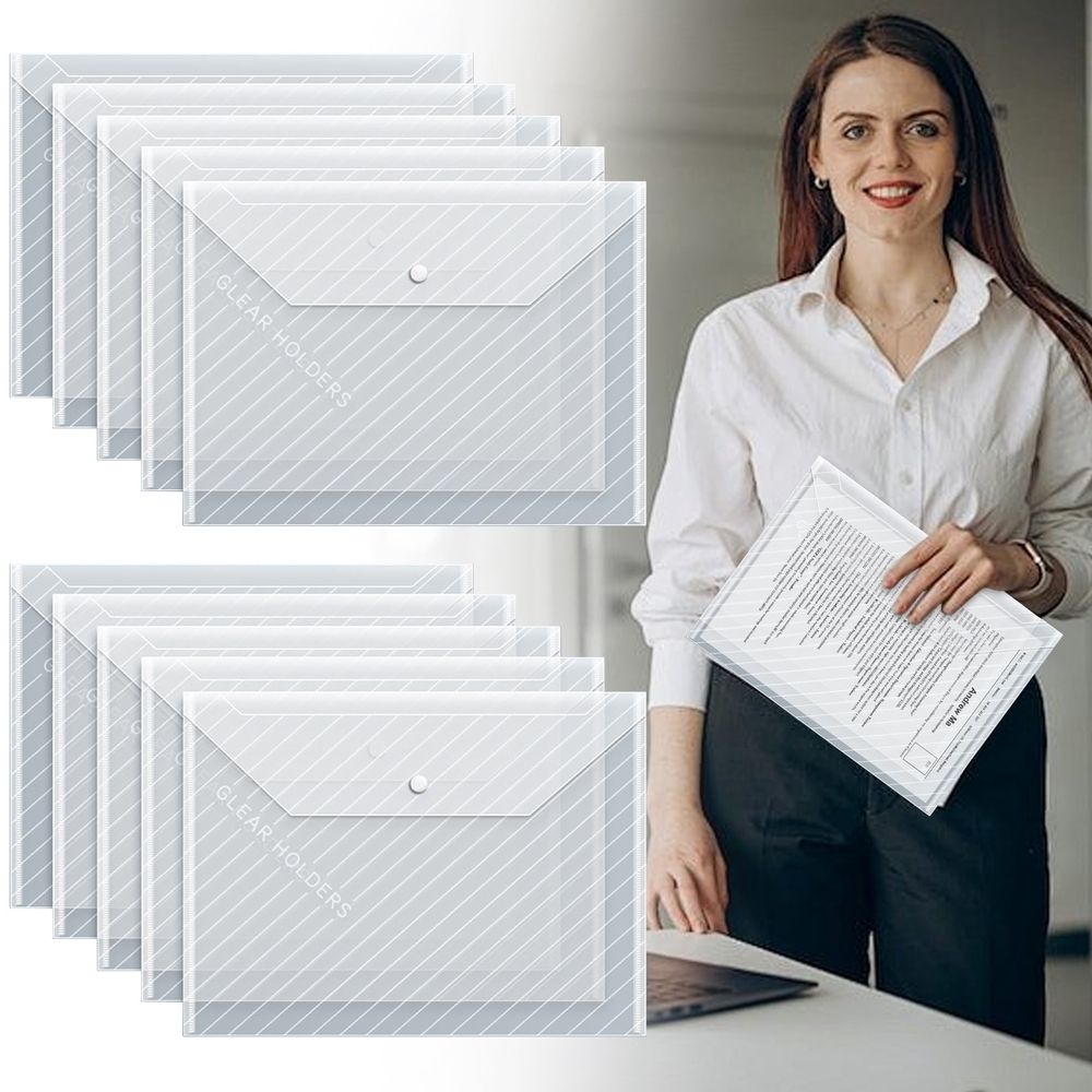 10Pc Plastic File Folders,Clear Document Holders with Snap Closure,Large Capacity Document Storage for Test Papers and Office Files,Waterproof Design,Letter/A4 Size,12.6x9 inch(Clear)