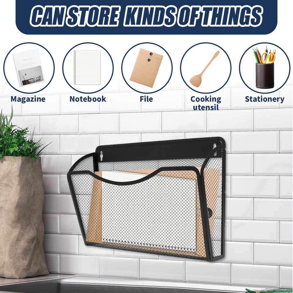 Magnetic File Holder Carbon Steel Magnetic File Organizer No Drilling Magnetic File Folder Holder Large Capacity Paper Holder Multifunctional Mail Organizer for Refrigerator Black