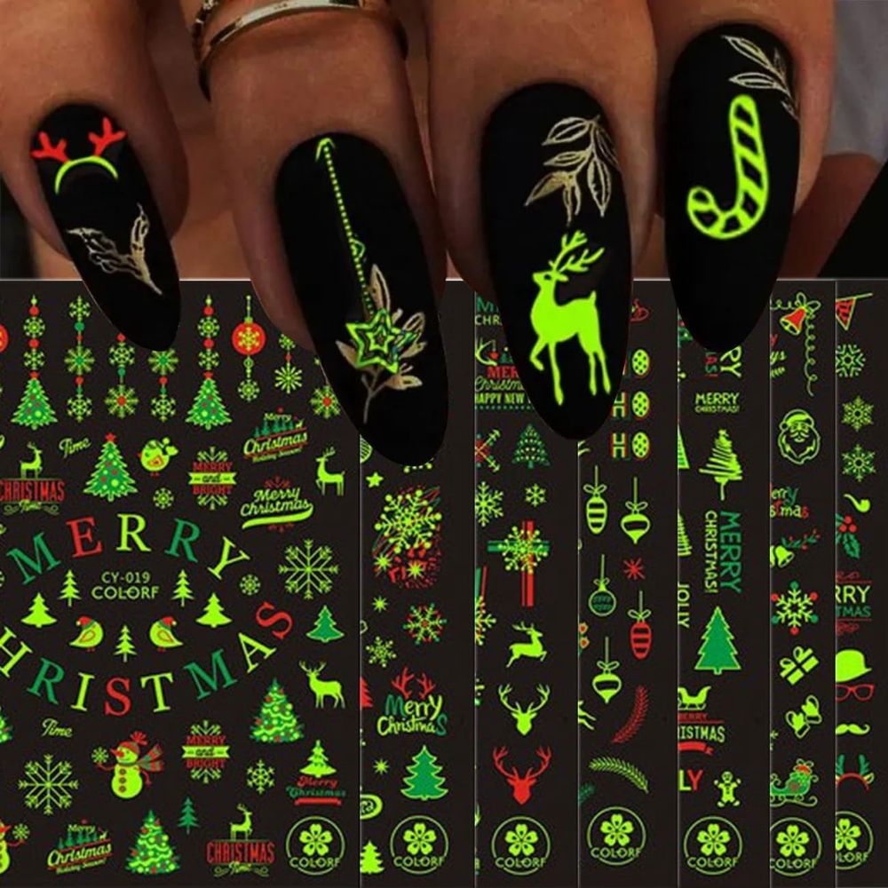 7 Sheets Christmas Nail Art Sticker Decals Glow in The Dark Nail Stickers 3D Self-Adhesive Christmas Nail Designs Manicure Nail Art Supplies Sticker for Women Xmas New Year Nail Art Decorations