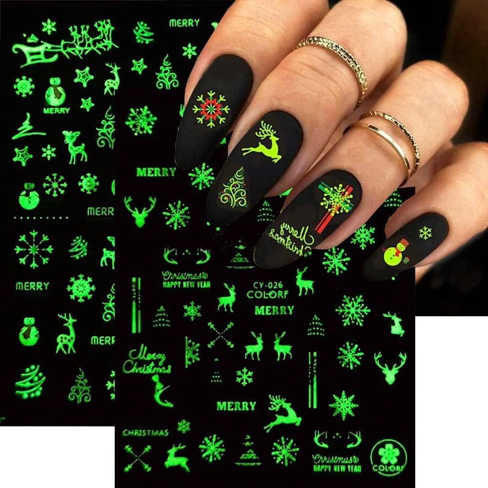 7 Sheets Christmas Nail Art Sticker Decals Glow in The Dark Nail Stickers 3D Self-Adhesive Christmas Nail Designs Manicure Nail Art Supplies Sticker for Women Xmas New Year Nail Art Decorations