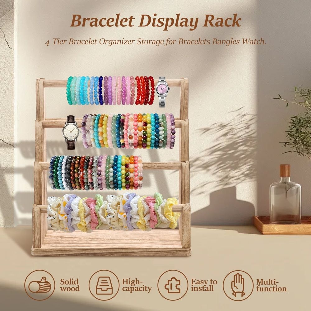 Wood Bracelet Organizer Holder, Large Capacity Bracelet Organizer Stand, 4 Layers Bracelet Organizer Display, Bracelet Hanger Bracelet Holder Rack for Women