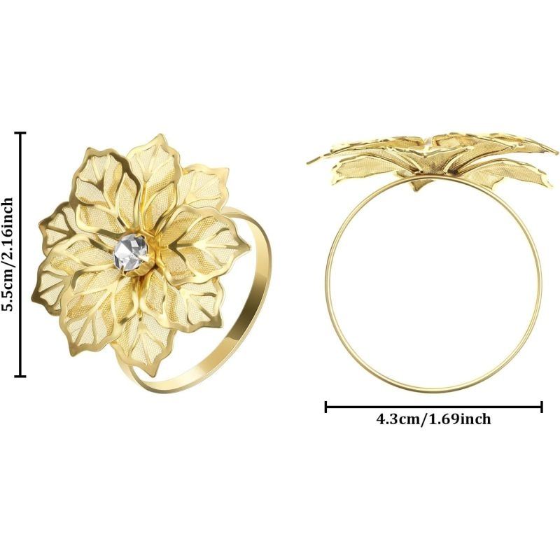 24 Pack Hollow Out Flower Napkin Rings Alloy Floral Rhinestone Napkin Holder Set Adornment Exquisite Household for Christmas(Gold)