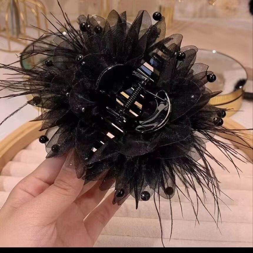 Craft Chiffon Flowers Ribbon Bows W/Beads Appliques Wedding Decor (Black)-Silk Hair Claw Clips Bead Hair Claw Clips Flower