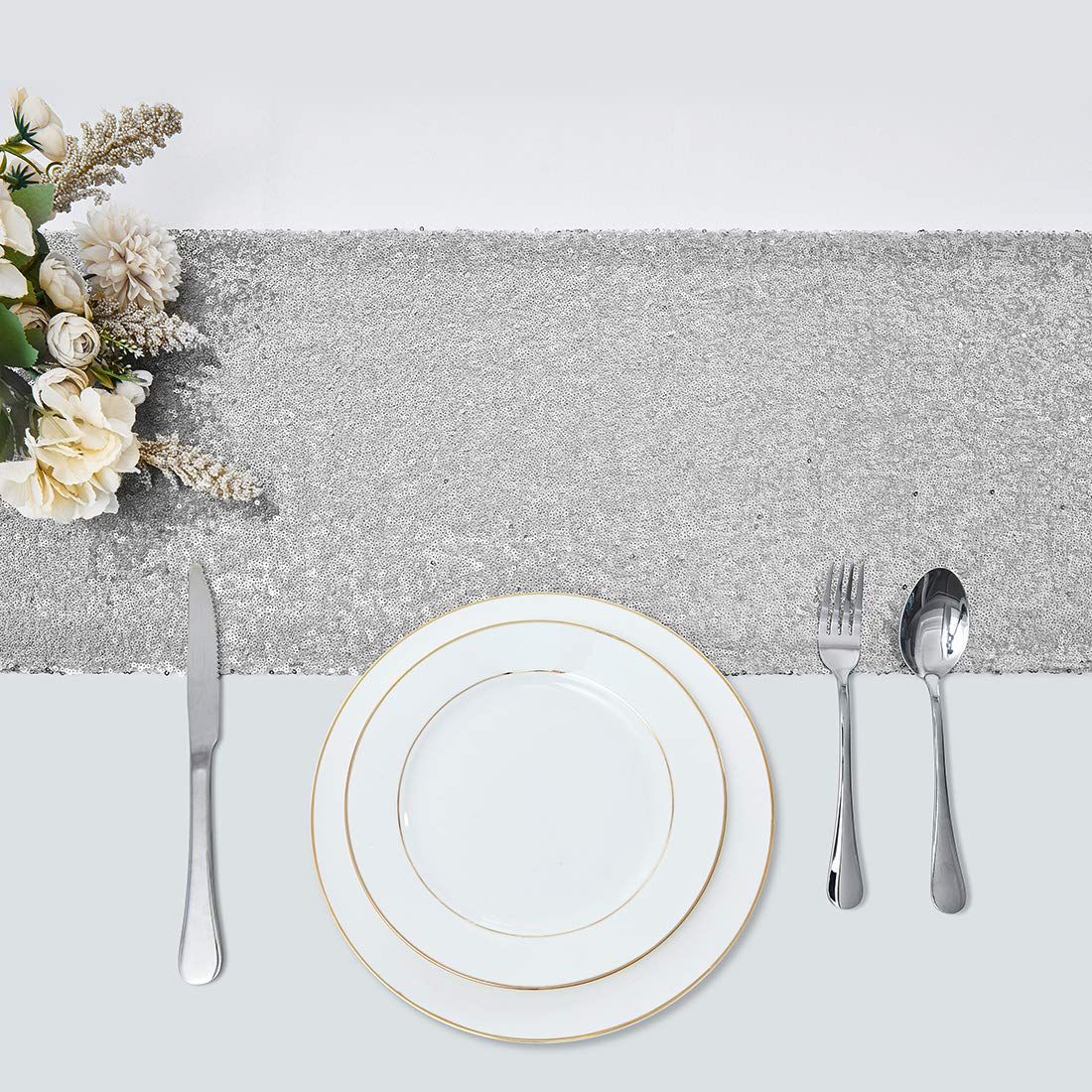 2 Packs 12 x 72 inches Silver Sequin Table Runner, Glitter Runner for Birthday Party Supplies Decorations Wedding Bachelorette