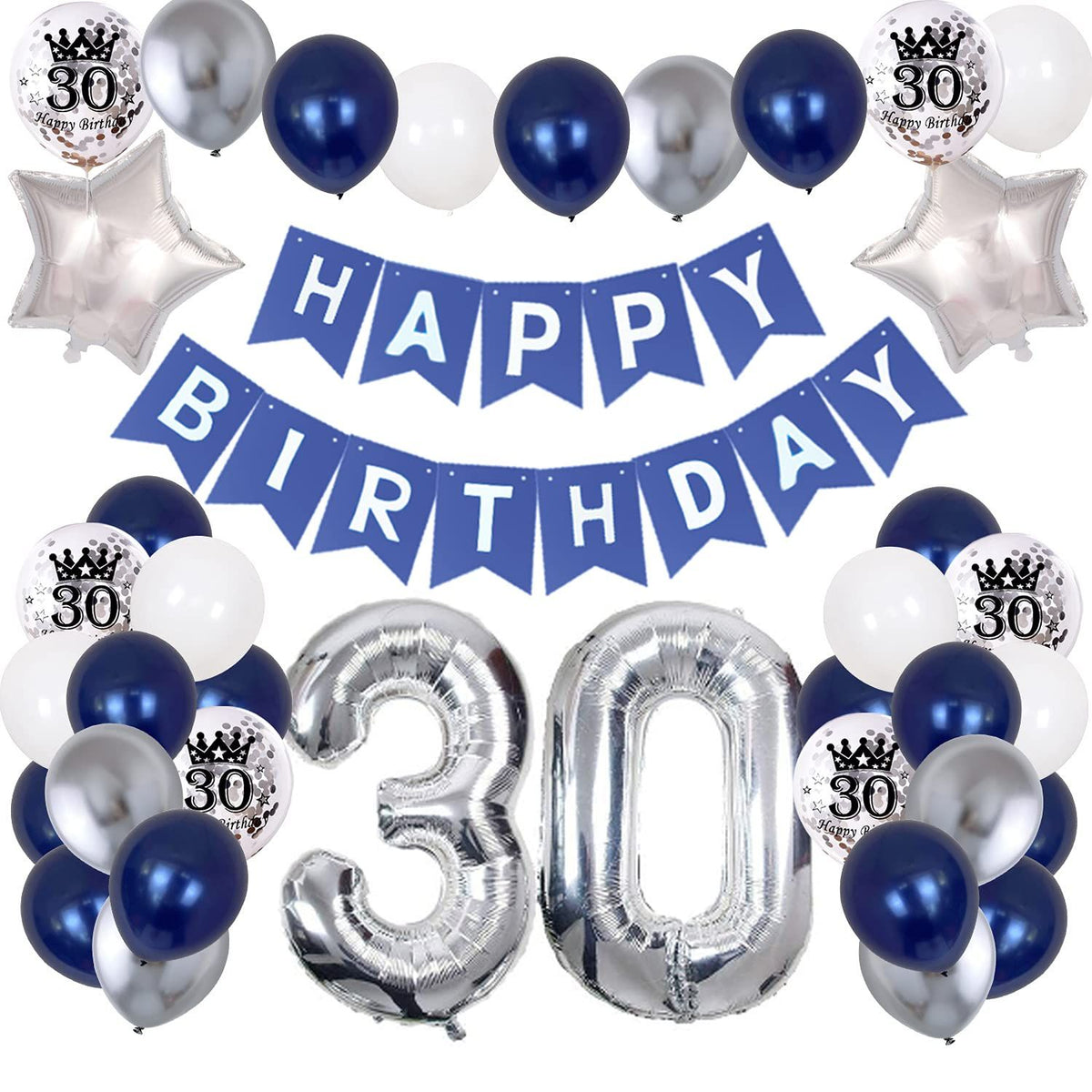 30th Birthday Decorations for Men, 30th Birthday Party Supplies with HAPPY BIRTHDAY Banner and Number 30 Balloons,Silver Navy Blue