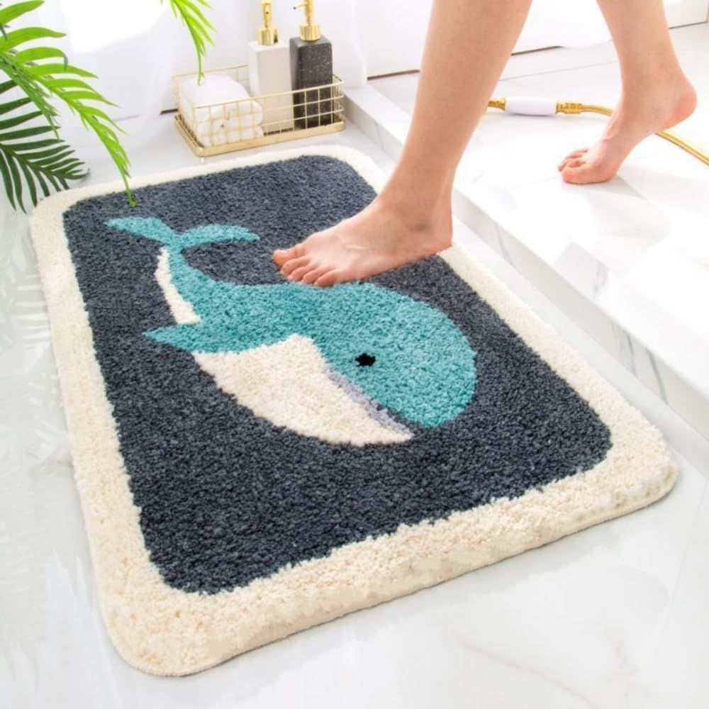 Bathroom Rugs Grey Whale Bath Rug for Bathroom Non-Slip Soft Absorbent Machine-Washable, Shower Bathroom , 20x31.4 Inch, Grey