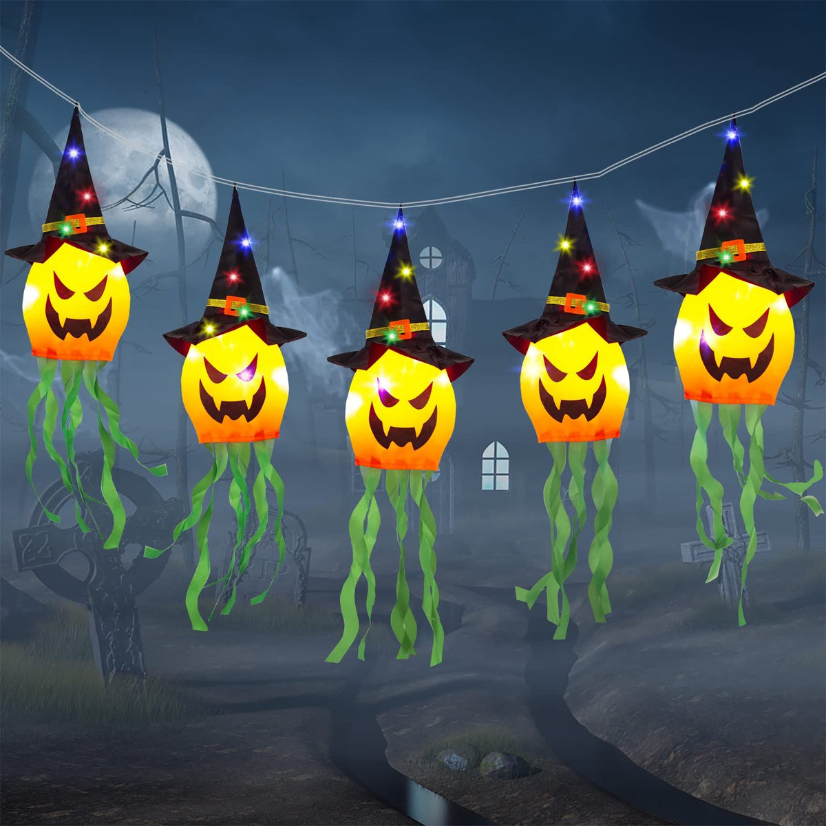Halloween Decorations String Lights Outdoor Hanging, 12Ft 30 LED Lighted 5 Pcs Scary Witch Hat Pumpkin Battery Operated Light