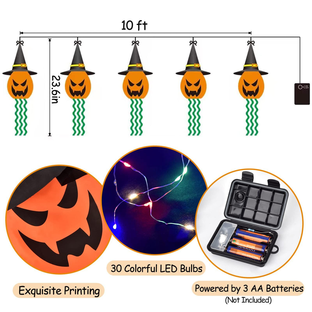 Halloween Decorations String Lights Outdoor Hanging, 12Ft 30 LED Lighted 5 Pcs Scary Witch Hat Pumpkin Battery Operated Light